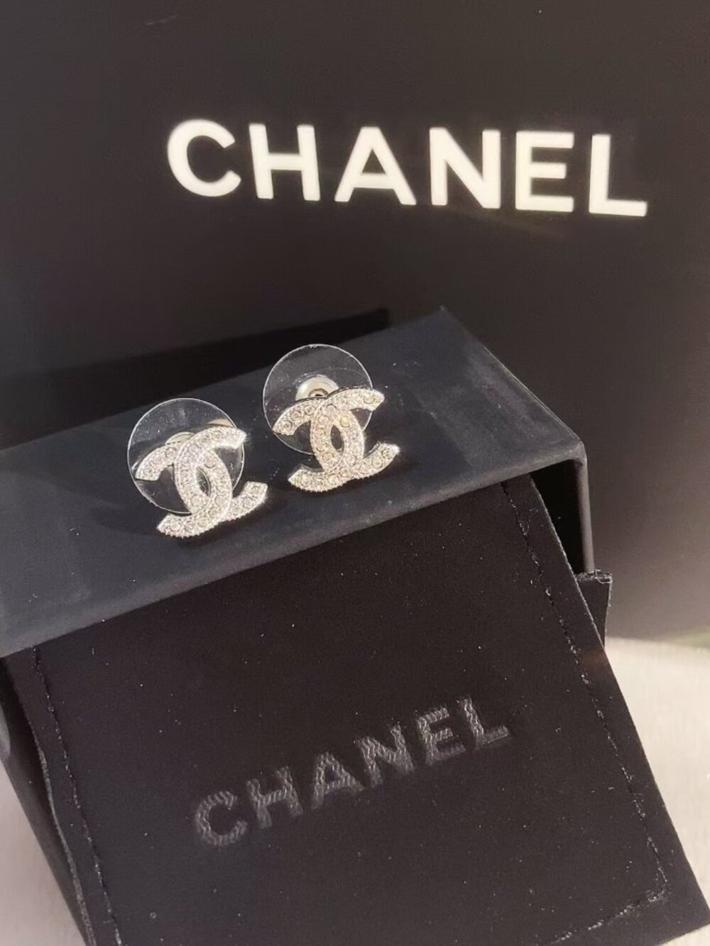 Chanel Classic CC Silver Rhinestone Stud Earrings